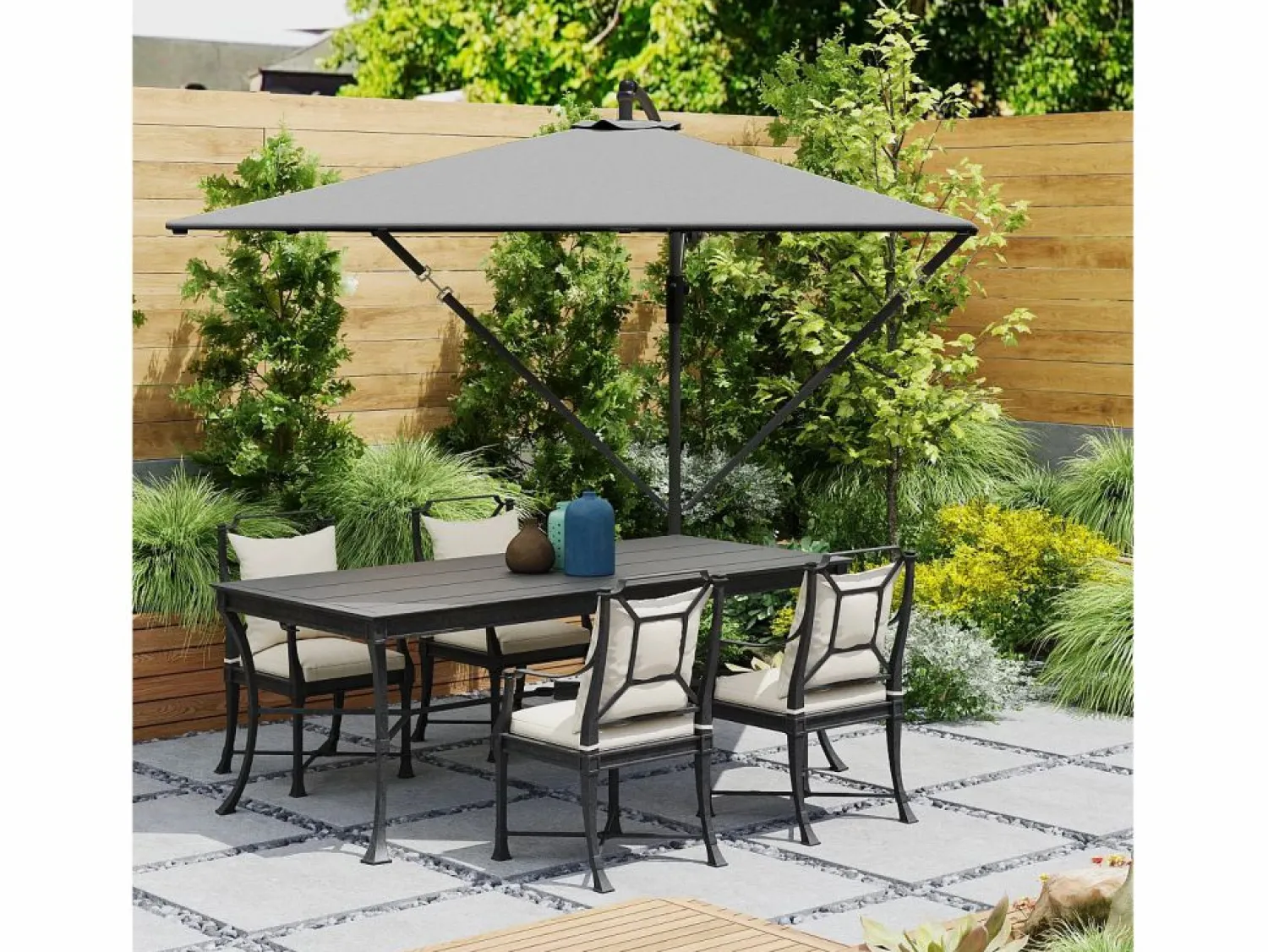 Discount Parasol descentrado de 260 cm, con protección UV 50+, función de inclinación, de metal y poliéster gris (295x250x235cm)