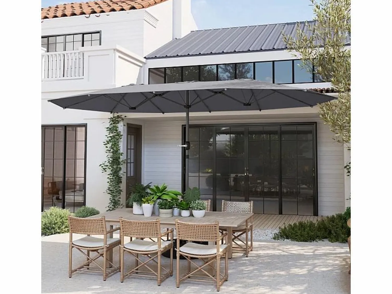 Discount Parasol doble con manivela, protección UV, estructura de acero, gris oscuro (436x260x240 cm) Sombrilla