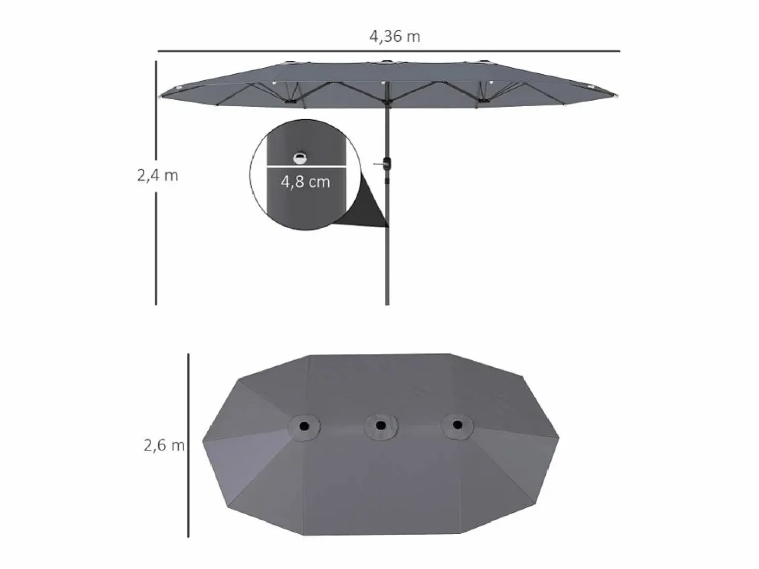 Discount Parasol doble con manivela, protección UV, estructura de acero, gris oscuro (436x260x240 cm) Sombrilla