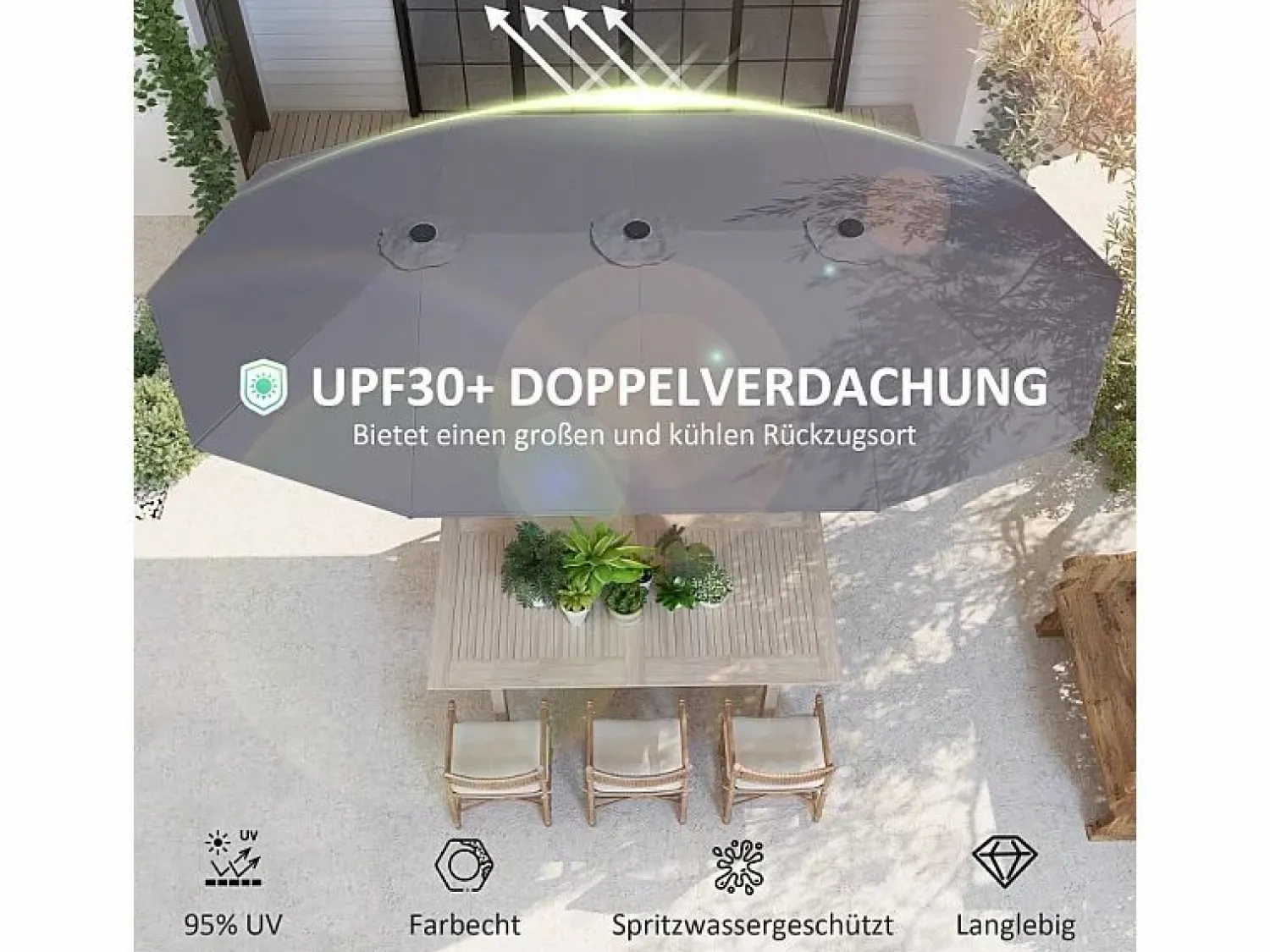 Discount Parasol doble con manivela, protección UV, estructura de acero, gris oscuro (436x260x240 cm) Sombrilla