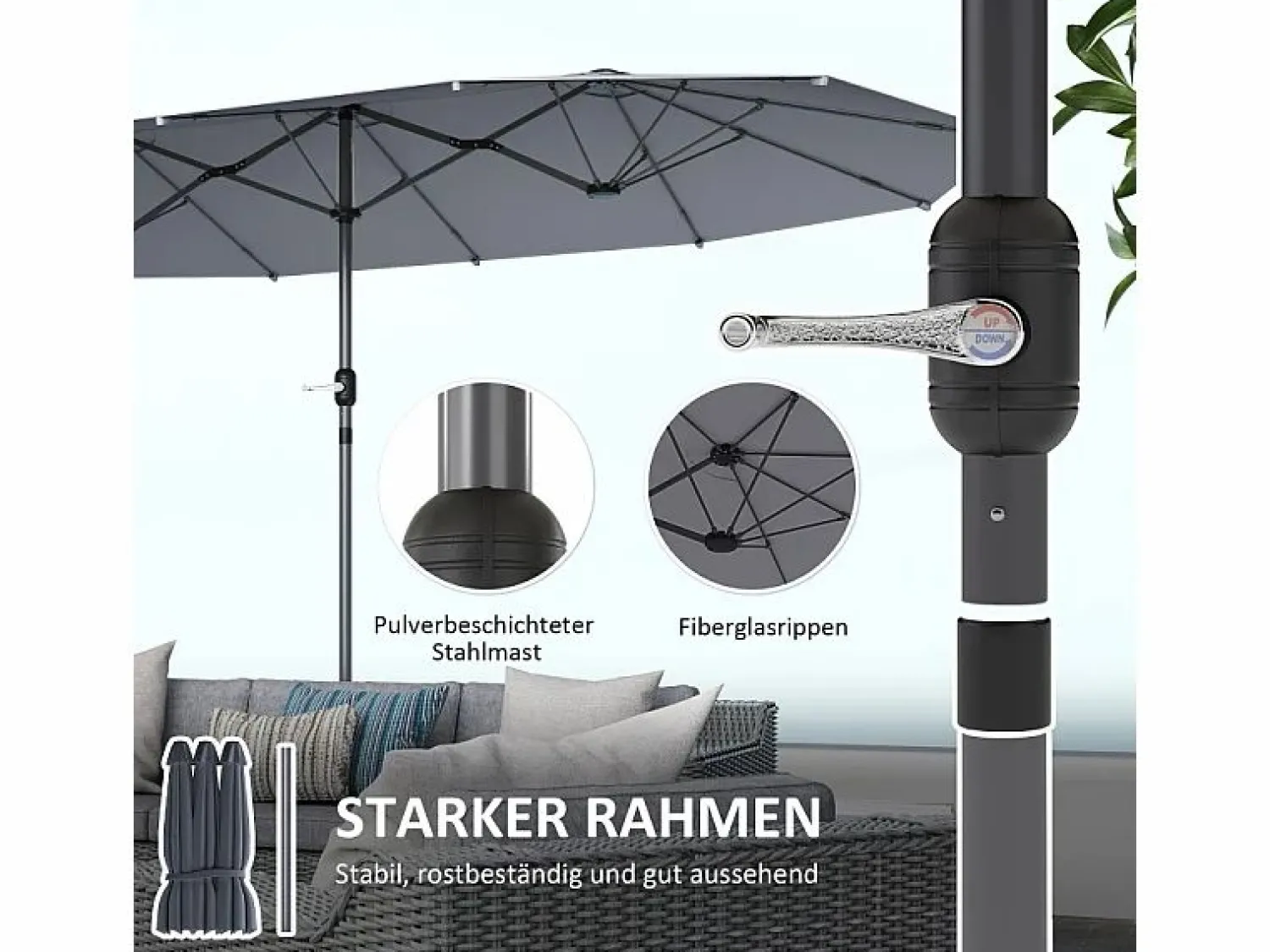 Discount Parasol doble con manivela, protección UV, estructura de acero, gris oscuro (436x260x240 cm) Sombrilla