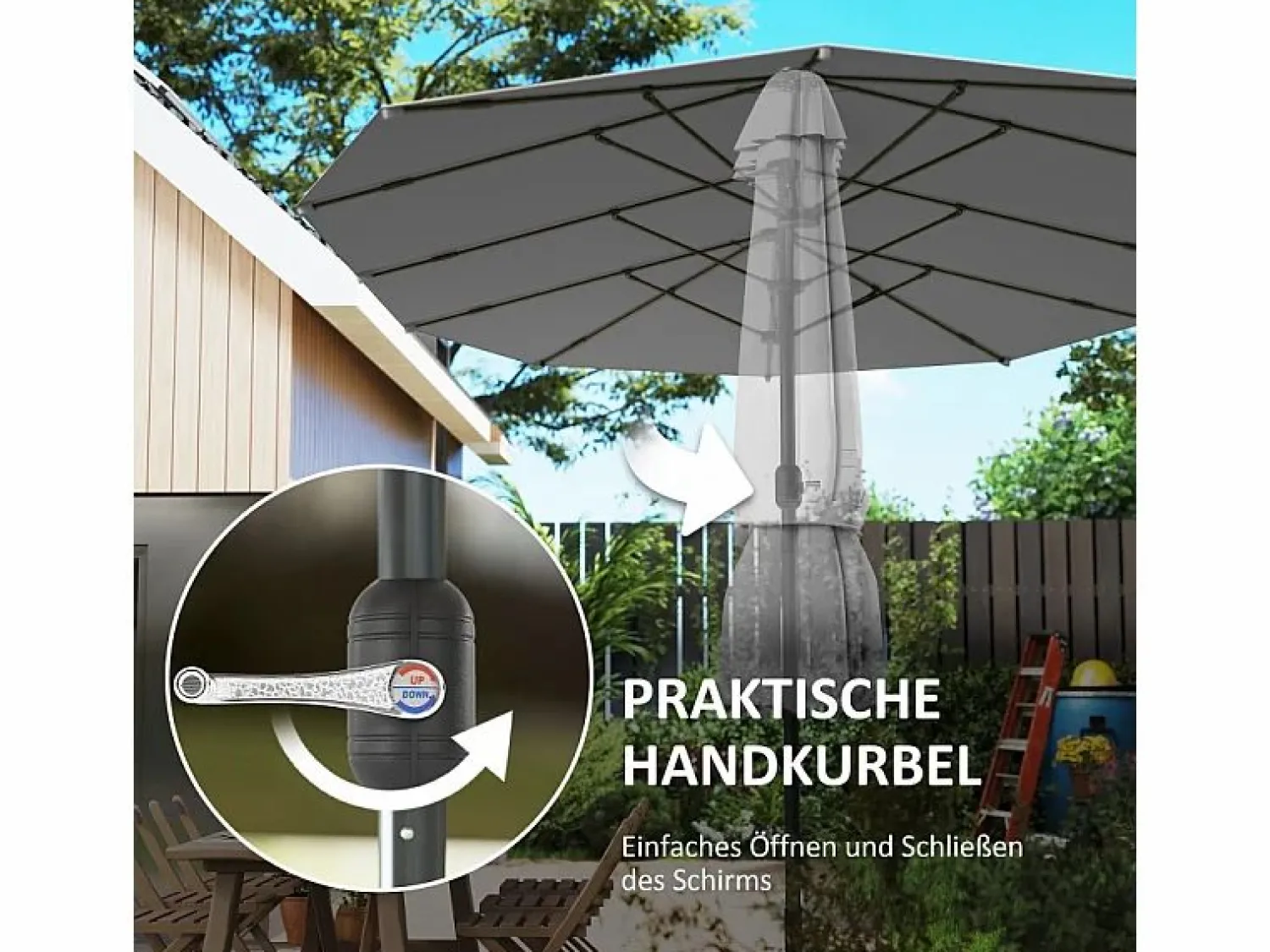 Discount Parasol doble con manivela, protección UV, estructura de acero, gris oscuro (436x260x240 cm) Sombrilla