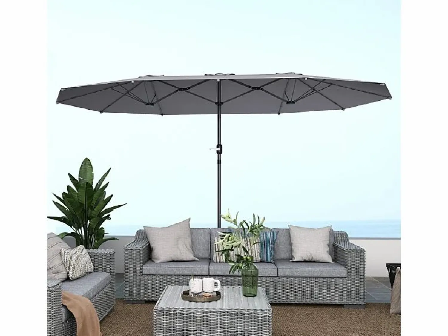 Discount Parasol doble con manivela, protección UV, estructura de acero, gris oscuro (436x260x240 cm) Sombrilla