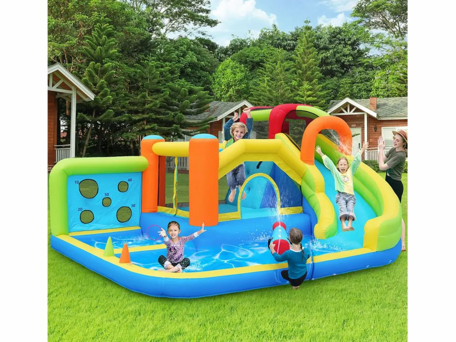 Merax Parque acuático inflable 7 en 1 para niños - 410 x 315 x 203 cm - Oxford - Con ventilador -