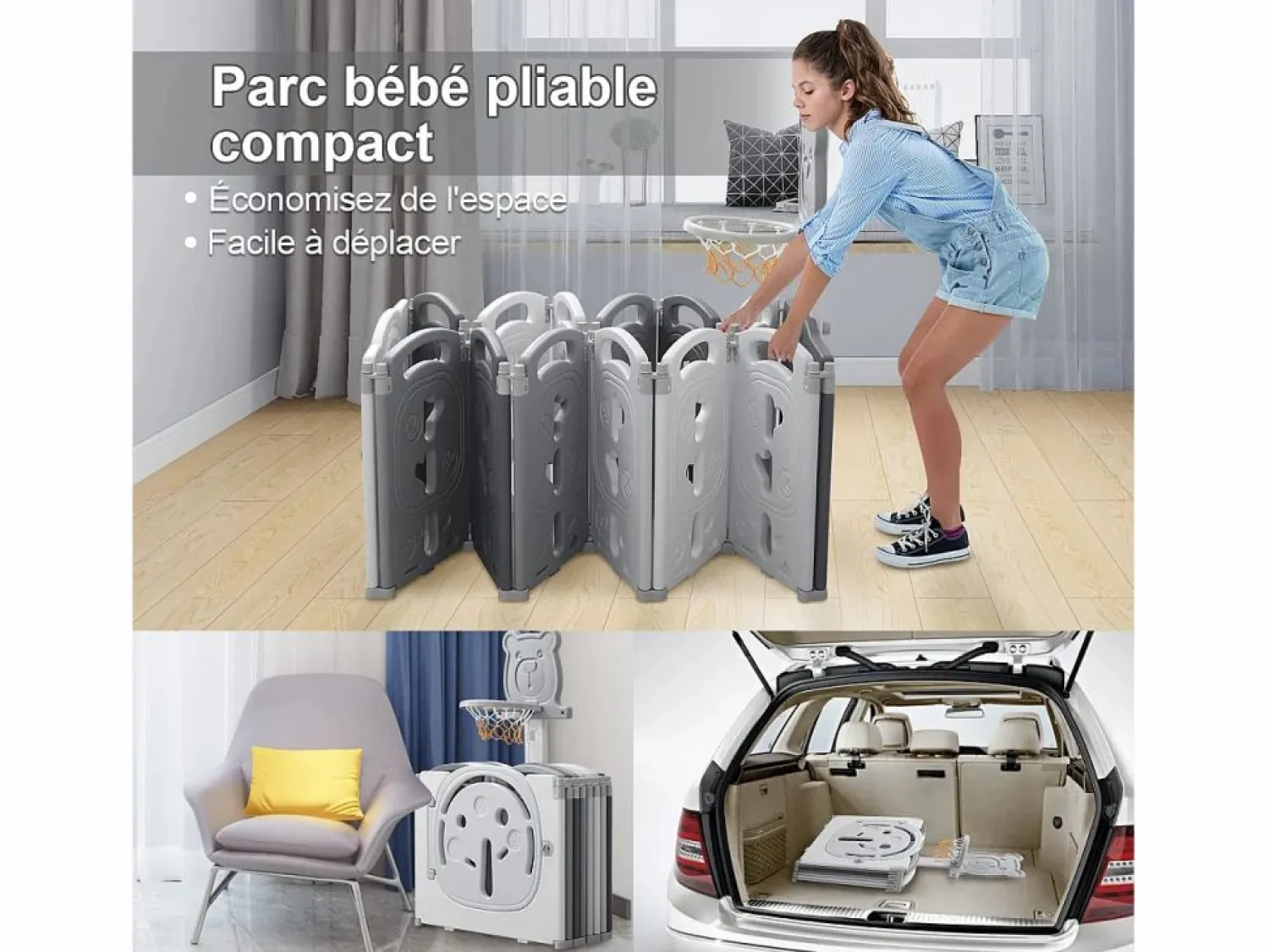 DripeX Parque de bebés plegable plegable de Yoleo grande plegable, 20+2 paneles modulares de plástico ecológicos, con cesta de baloncesto, 230x230x60cm