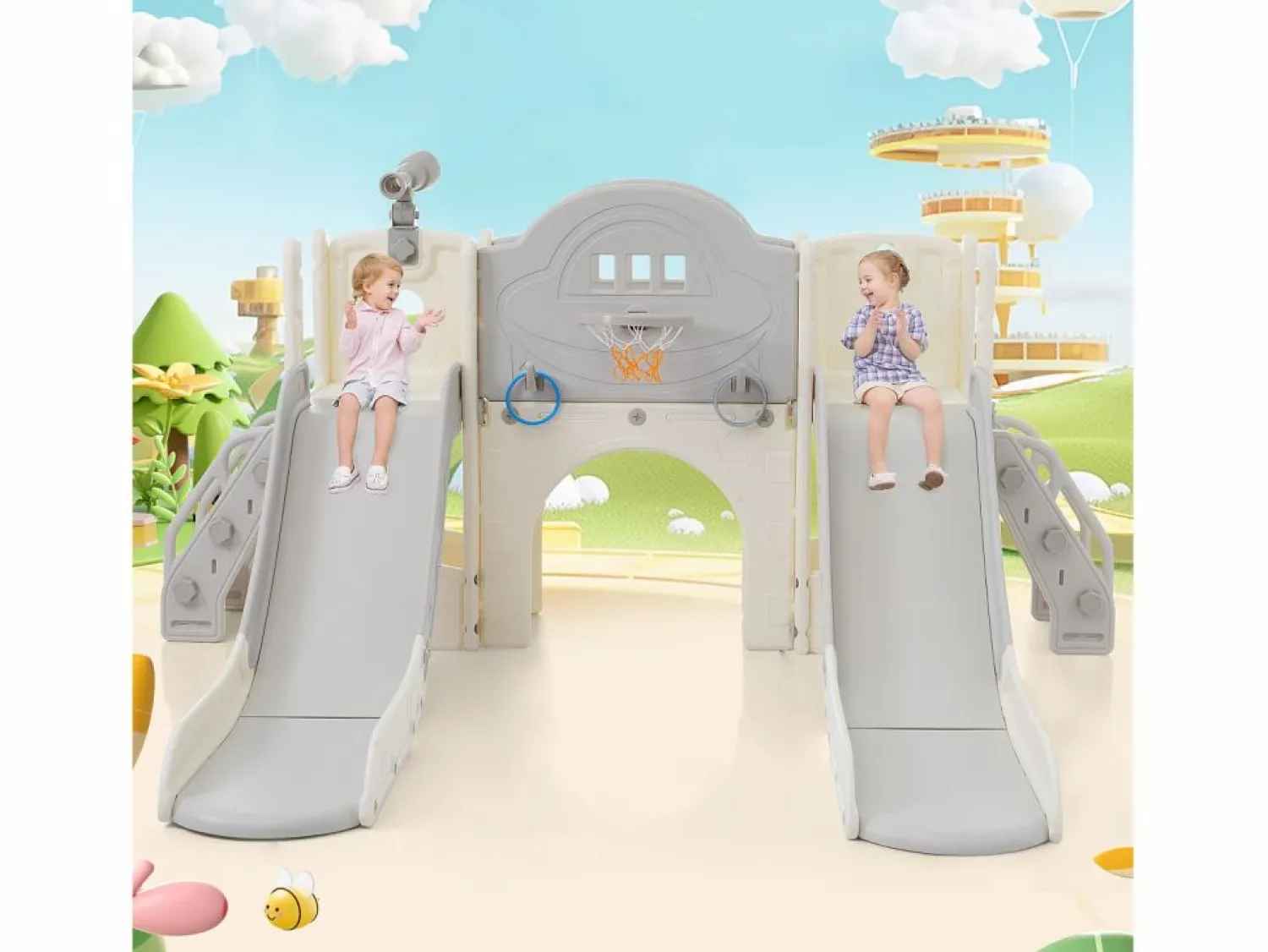 Best Parque infantil 8 en 1 con tobogán, pared de escalada, juego de perforación de agujeros, suelo gris