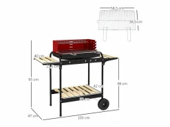Outlet Parrilla metálica con ruedas, altura regulable, estante de madera, carrito móvil, gris (103 x 47 x 95 cm) Rojo