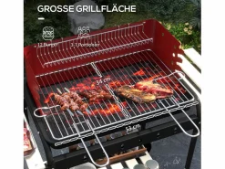 Outlet Parrilla metálica con ruedas, altura regulable, estante de madera, carrito móvil, gris (103 x 47 x 95 cm) Rojo