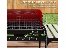 Outlet Parrilla metálica con ruedas, altura regulable, estante de madera, carrito móvil, gris (103 x 47 x 95 cm) Rojo