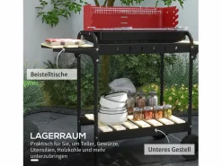 Outlet Parrilla metálica con ruedas, altura regulable, estante de madera, carrito móvil, gris (103 x 47 x 95 cm) Rojo