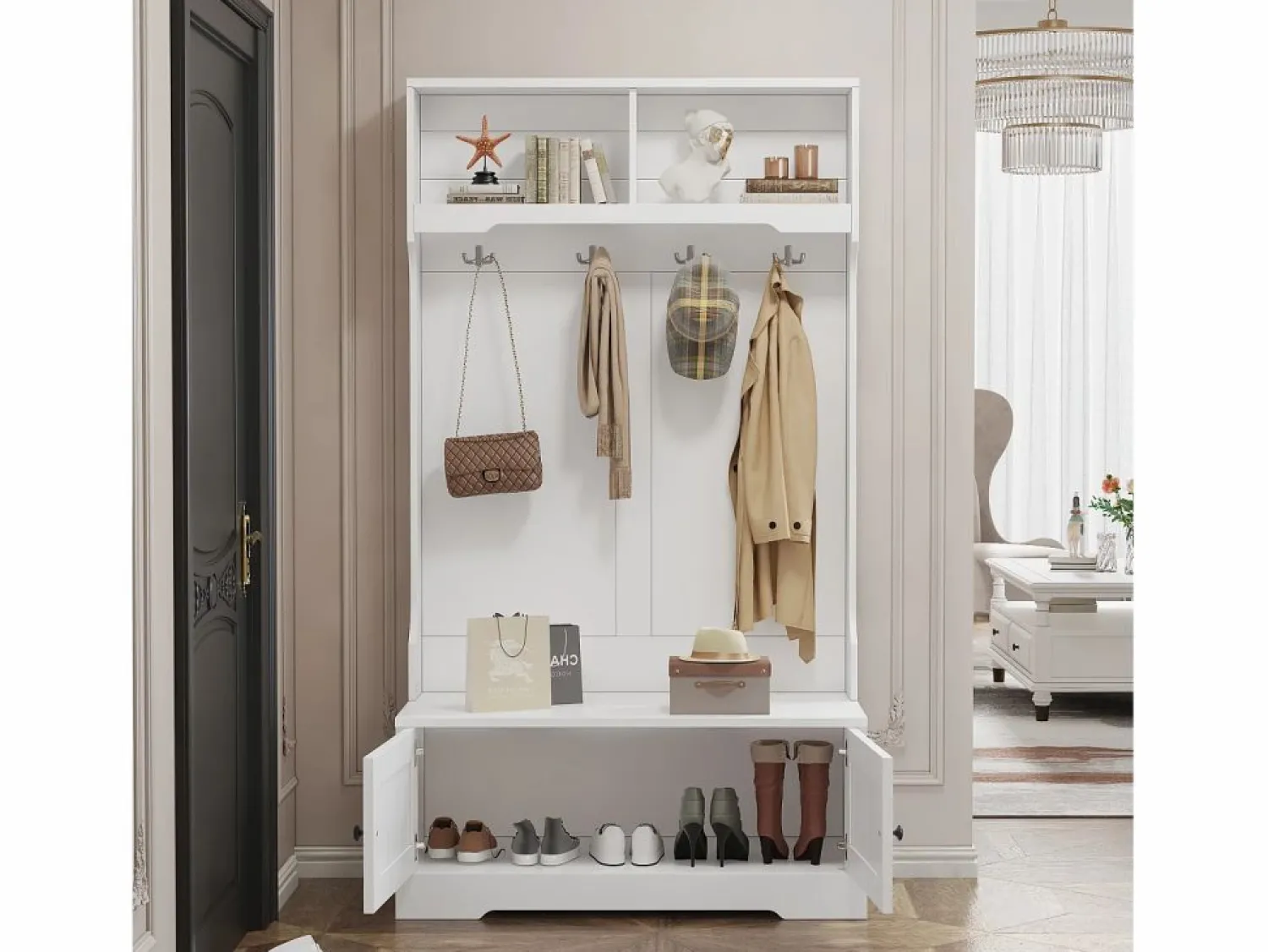 Outlet OKWISH Perchero con 4 ganchos y 2 puertas de almacenamiento – Para recibidores y pasillos Blanco