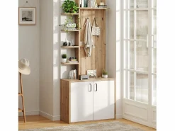 Outlet Perchero blanco y natural con ganchos y estantes de almacenamiento, 2 puertas – Para recibidores y pasillos Armario De Entrada