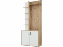 Outlet Perchero blanco y natural con ganchos y estantes de almacenamiento, 2 puertas – Para recibidores y pasillos Armario De Entrada