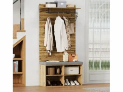 Perchero con banco zapatero, balda regulable y gancho, diseño compacto en tablero de partículas, color roble (84x32x175cm)