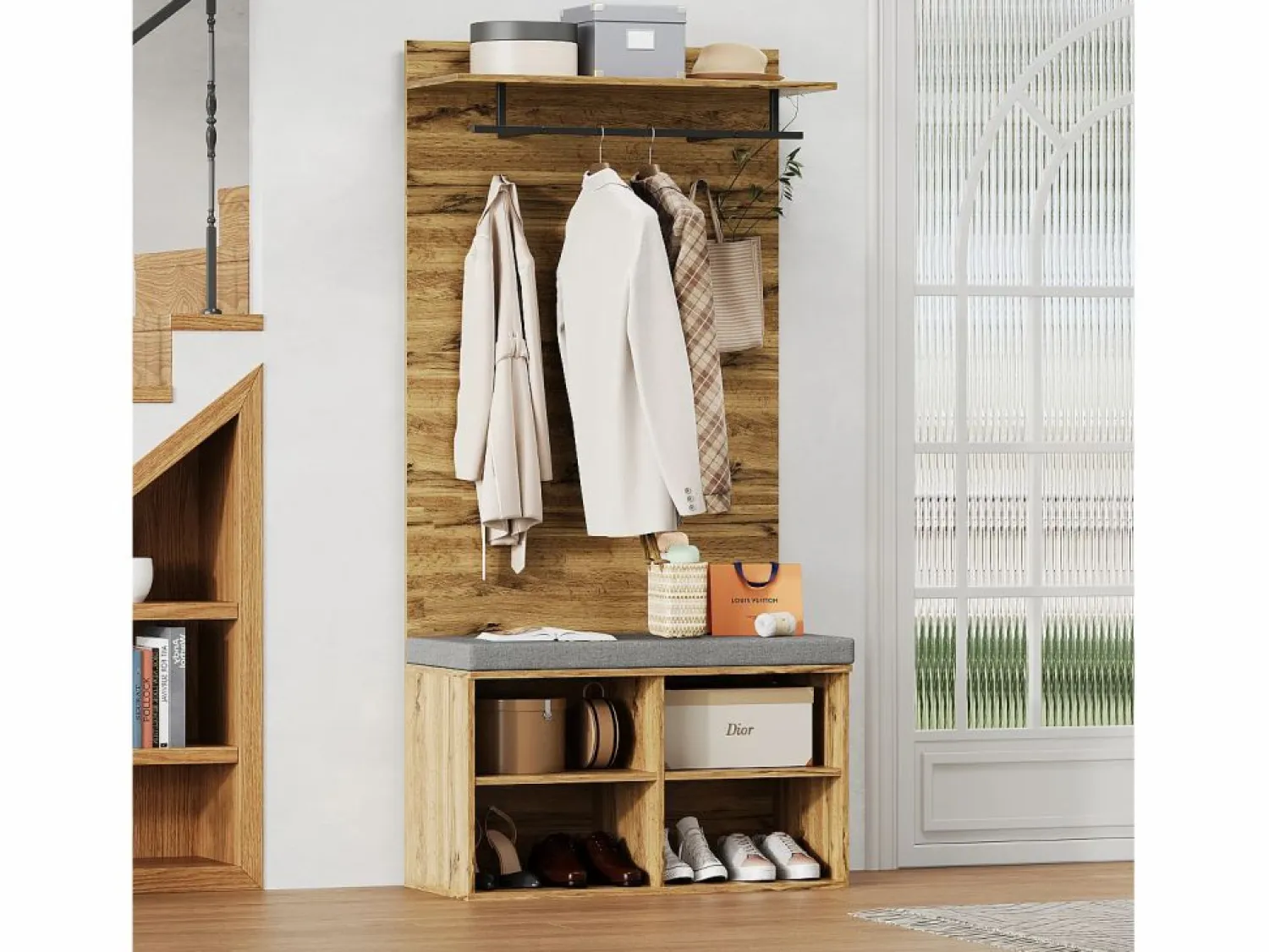 Perchero con banco zapatero, balda regulable y gancho, diseño compacto en tablero de partículas, color roble (84x32x175cm)
