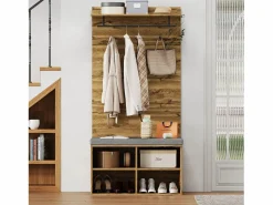 Perchero con banco zapatero, balda regulable y gancho, diseño compacto en tablero de partículas, color roble (84x32x175cm)