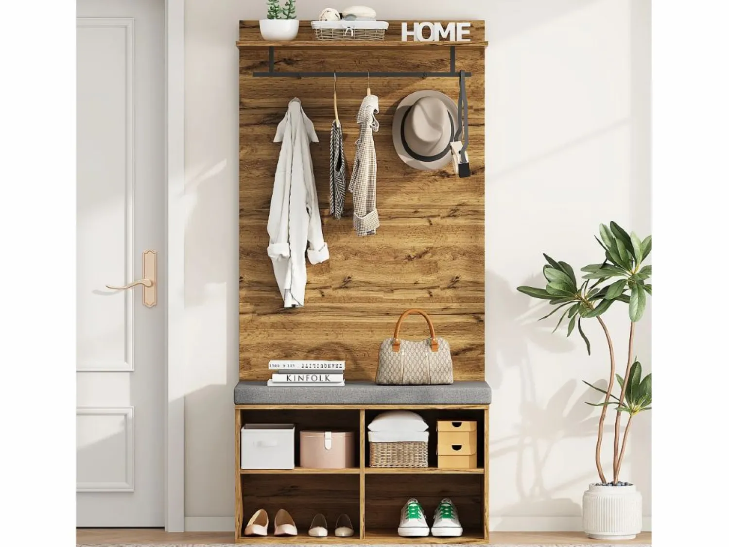 Perchero con banco zapatero, balda regulable y gancho, diseño compacto en tablero de partículas, color roble (84x32x175cm)
