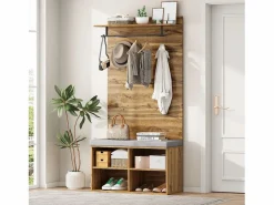 Perchero con banco zapatero, balda regulable y gancho, diseño compacto en tablero de partículas, color roble (84x32x175cm)