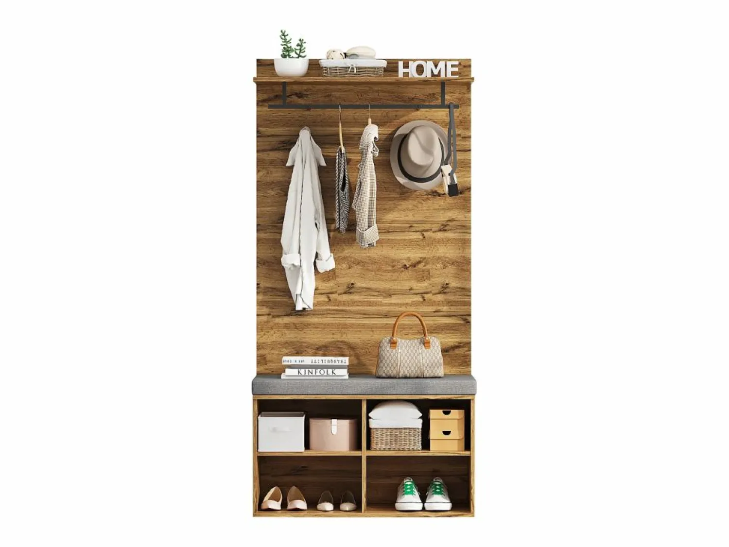 Perchero con banco zapatero, balda regulable y gancho, diseño compacto en tablero de partículas, color roble (84x32x175cm)