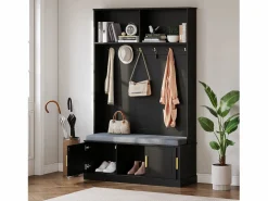 Online Perchero con banco zapatero, 6 ganchos triples, independiente, diseño moderno, aglomerado, (120x40x191 cm) Negro