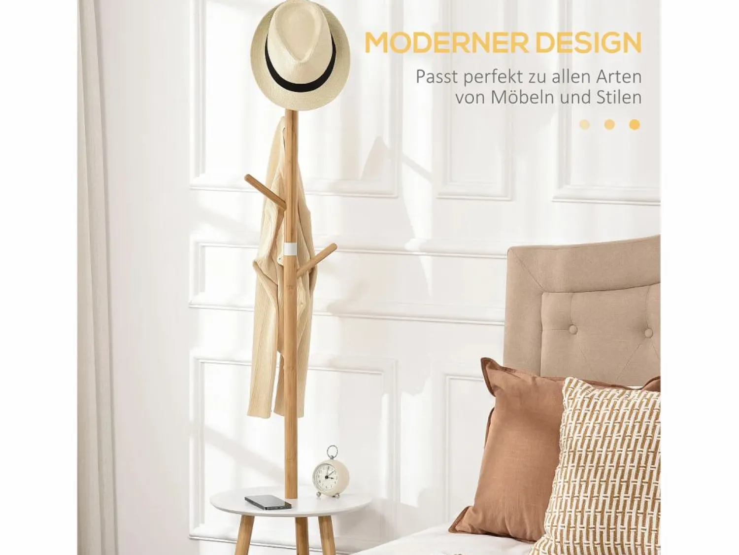Sale Perchero con mesa auxiliar, madera, blanco y natural (39,5x39,5x171 cm) Perchero
