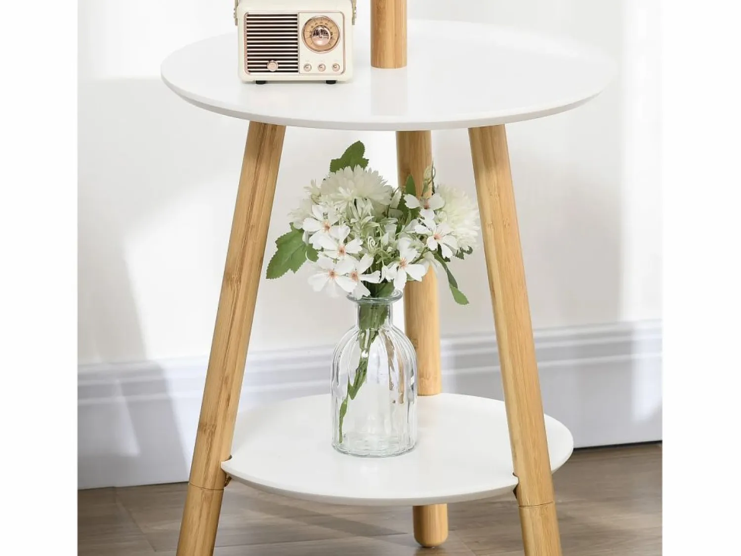 Sale Perchero con mesa auxiliar, madera, blanco y natural (39,5x39,5x171 cm) Perchero