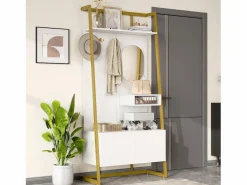 OKWISH Perchero con zapatero de dos puertas, ganchos metálicos y espejo - y dorado