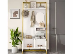 OKWISH Perchero con zapatero de dos puertas, ganchos metálicos y espejo - y dorado