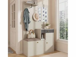 Discount OKWISH Perchero de entrada con banco para zapatos y espejo, espacio de almacenamiento - Beige Gris Gris claro
