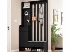 New OKWISH Perchero de entrada con banco acolchado, 4 ganchos y espacio de almacenamiento Negro