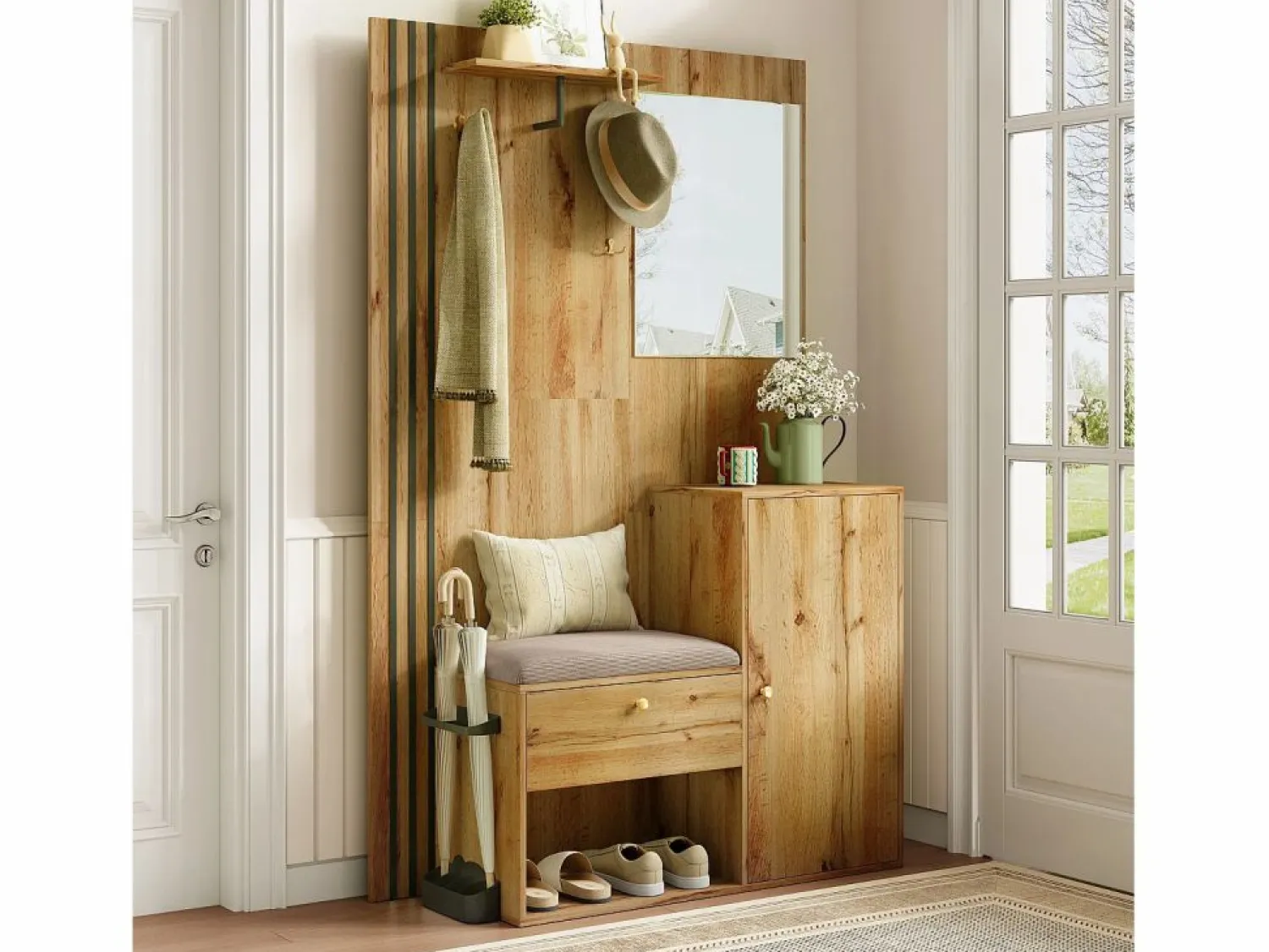 Hot OKWISH Perchero de madera con banco para zapatos, espejo y paragüero - para pasillos y entradas Color natural claro