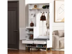 Sale OKWISH Perchero de pasillo con banco tapizado, 4 ganchos, 2 cajones - - 100x35x180 cm Blanco