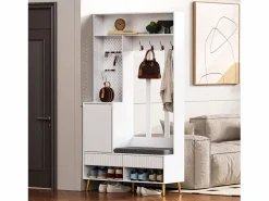 Sale OKWISH Perchero de pasillo con banco tapizado, 4 ganchos, 2 cajones - - 100x35x180 cm Blanco