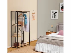Discount VS Venta-stock Perchero Lola con banco 3 estantes, color roble/negro, 167 cm altura Color natural oscuro