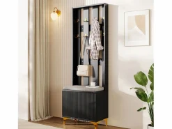OKWISH Perchero con banco para zapatos - Puertas onduladas, ganchos dorados y estantes ajustables - Muebles modernos para recibidor