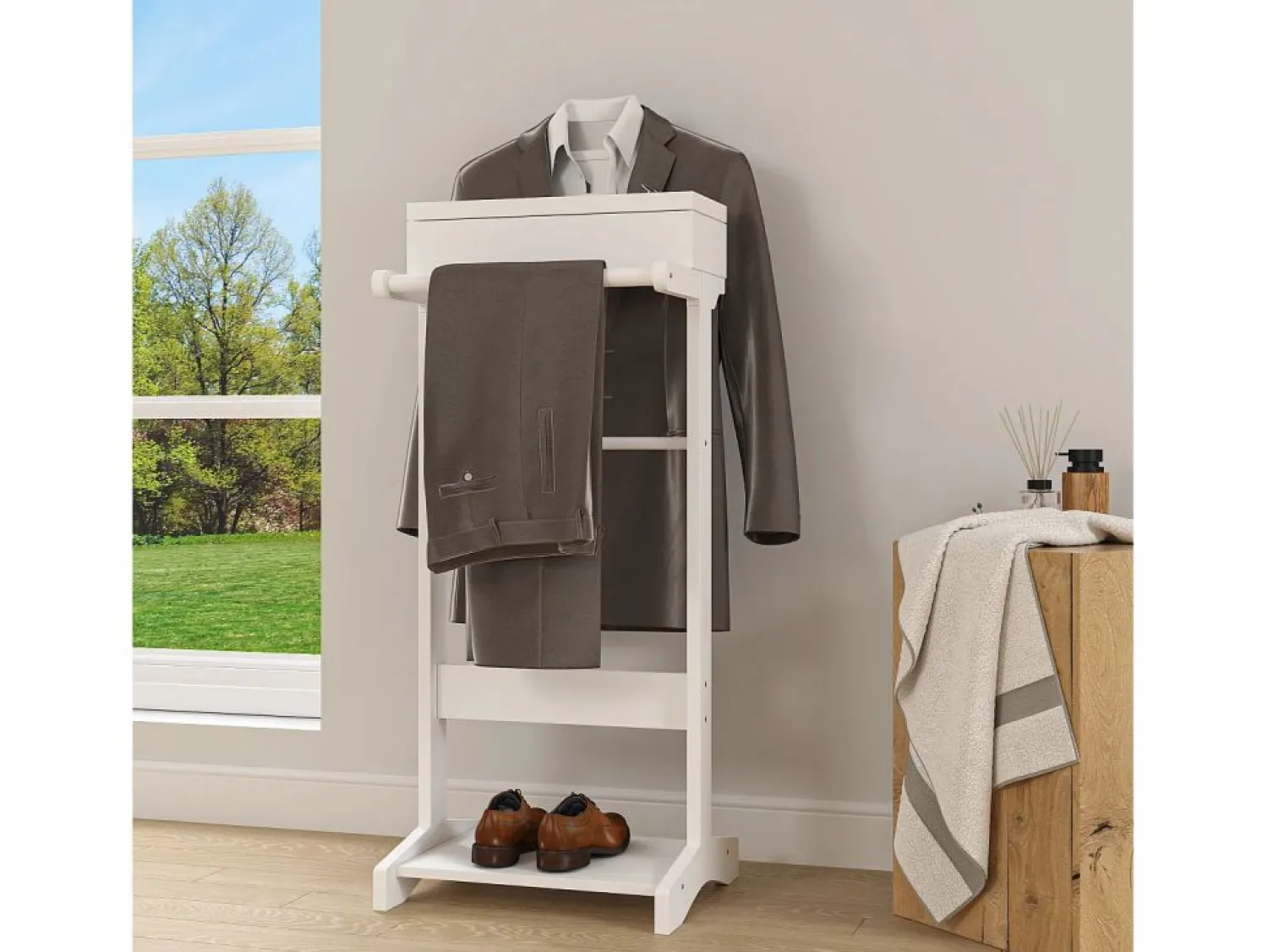 Perchero portátil con almacenaje, diseño multifuncional, MDF y madera maciza, (44x36,5x110 cm) Perchero