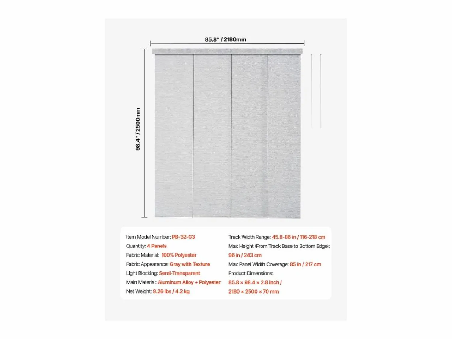 Clearance Persiana de Paneles SucceBuy con Riel Extensible, 116-218 cm de Ancho, Panel Japonés Vertical Ajustable hasta 243 cm de Altura, Persianas De Interior