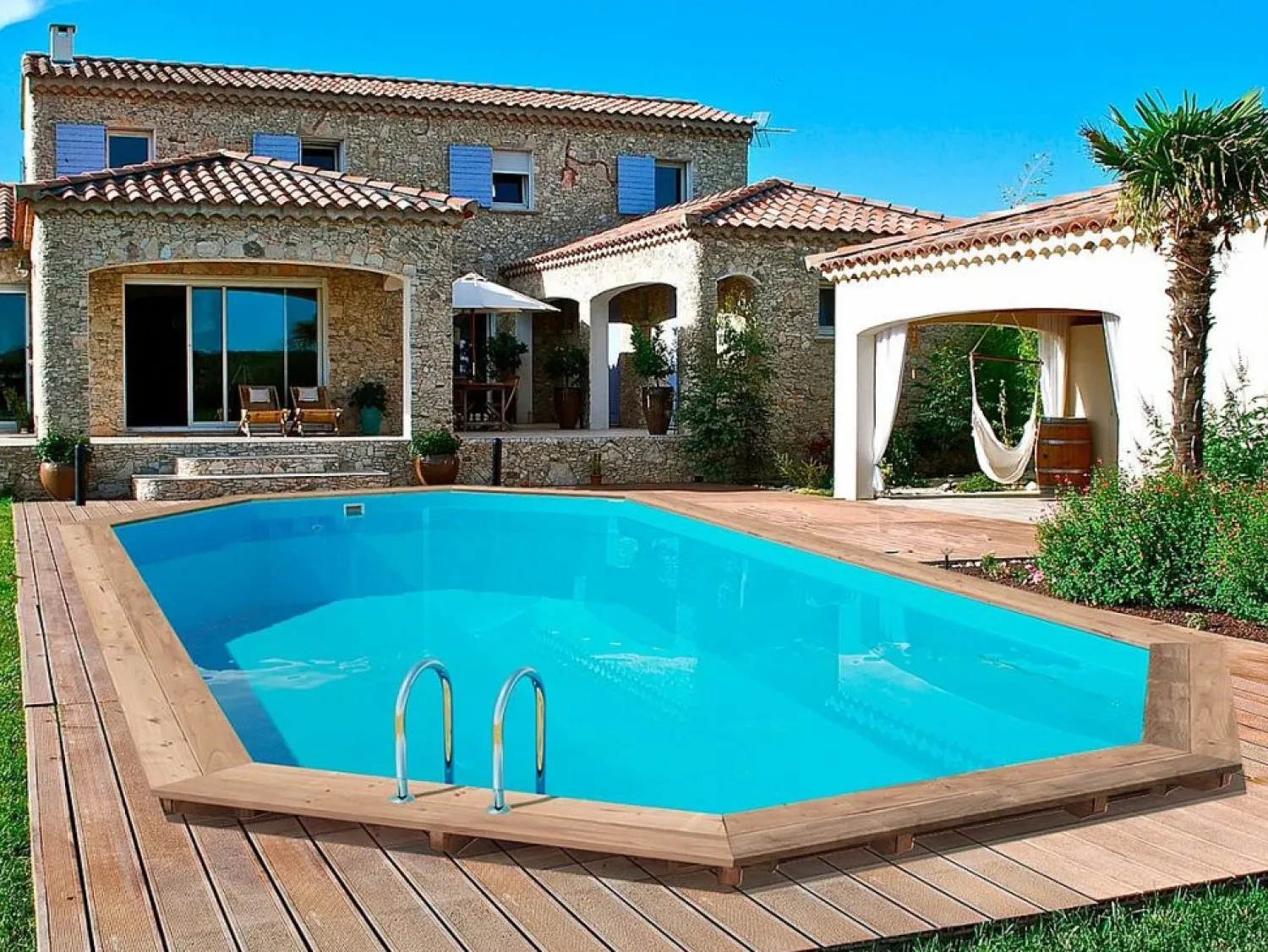 Habitat et jardin Piscina de madera " Palma " - 7,57 x 4,07 x 1,31 m + Bomba de calor 6,1 kW