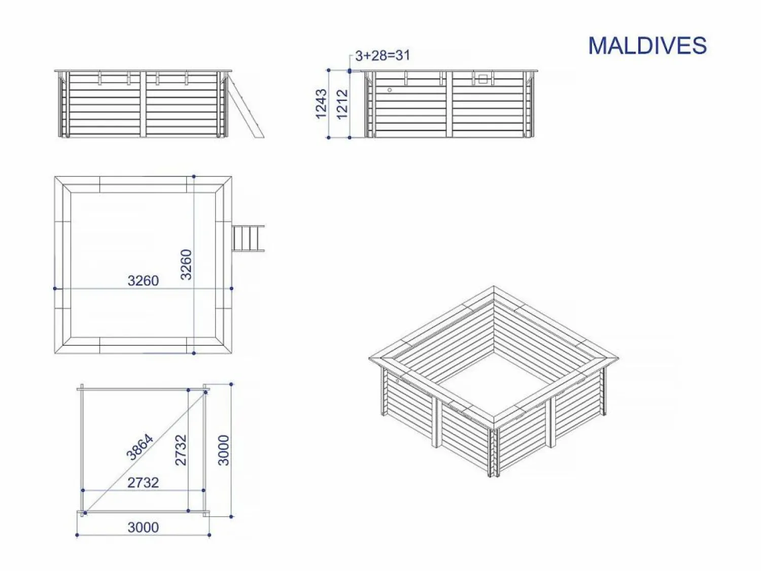 Online Habitat et jardin Piscina de madera rectangular "Maldivas" - 3,20 x 3,20 x 1,24 m + cubierta de burbujas de 180 µ - cubierta de invierno de 280 g/m². Marru00f3n