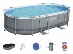 Hot Piscina Desmontable Tubular Power Steel Oval 488x305x107 cm con Depuradora Cartucho 3.028 L/H con Cobertor y Escalera Piscina Tubular