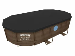 Bestway Piscina Desmontable Tubular Power Steel Oval Diseño Ratán 427x250x100 cm con Depuradora Cartucho 2.006 L/H Marru00f3n