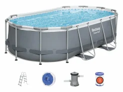 Bestway Piscina Desmontable Tubular Power Steel Oval 427x250x100 cm con Depuradora Cartucho 2.006 L/H Gris