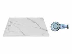 Shower & Design Plato de ducha blanco veteado extraplano de resina SMC, cortable, con sifón, 120x90 cm, LYROSA Gris claro / Blanco