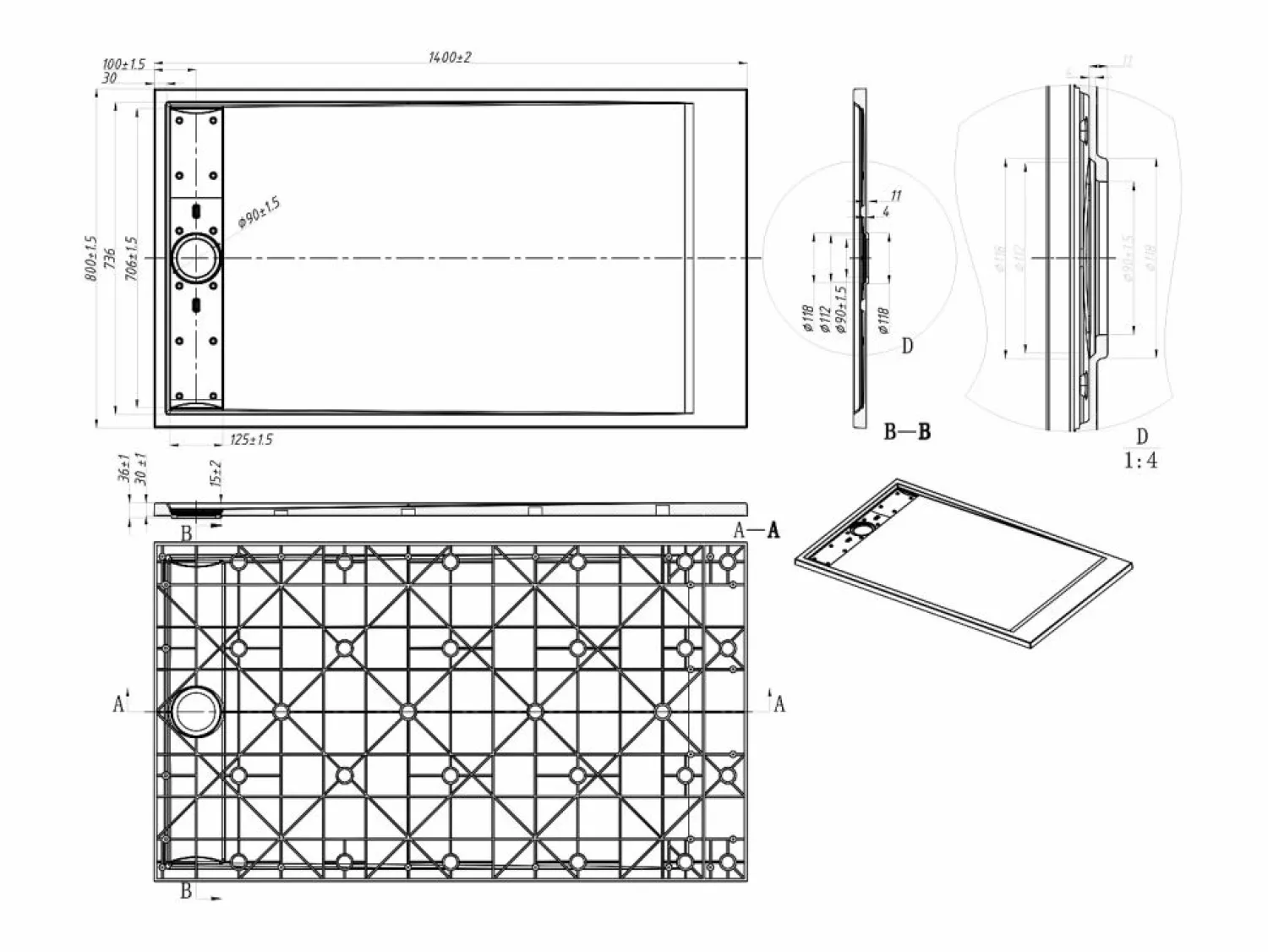 Best Shower & Design Plato de ducha de resina para instalar en superficie o empotrado - - 140 x 80 cm - LYROSA Blanco