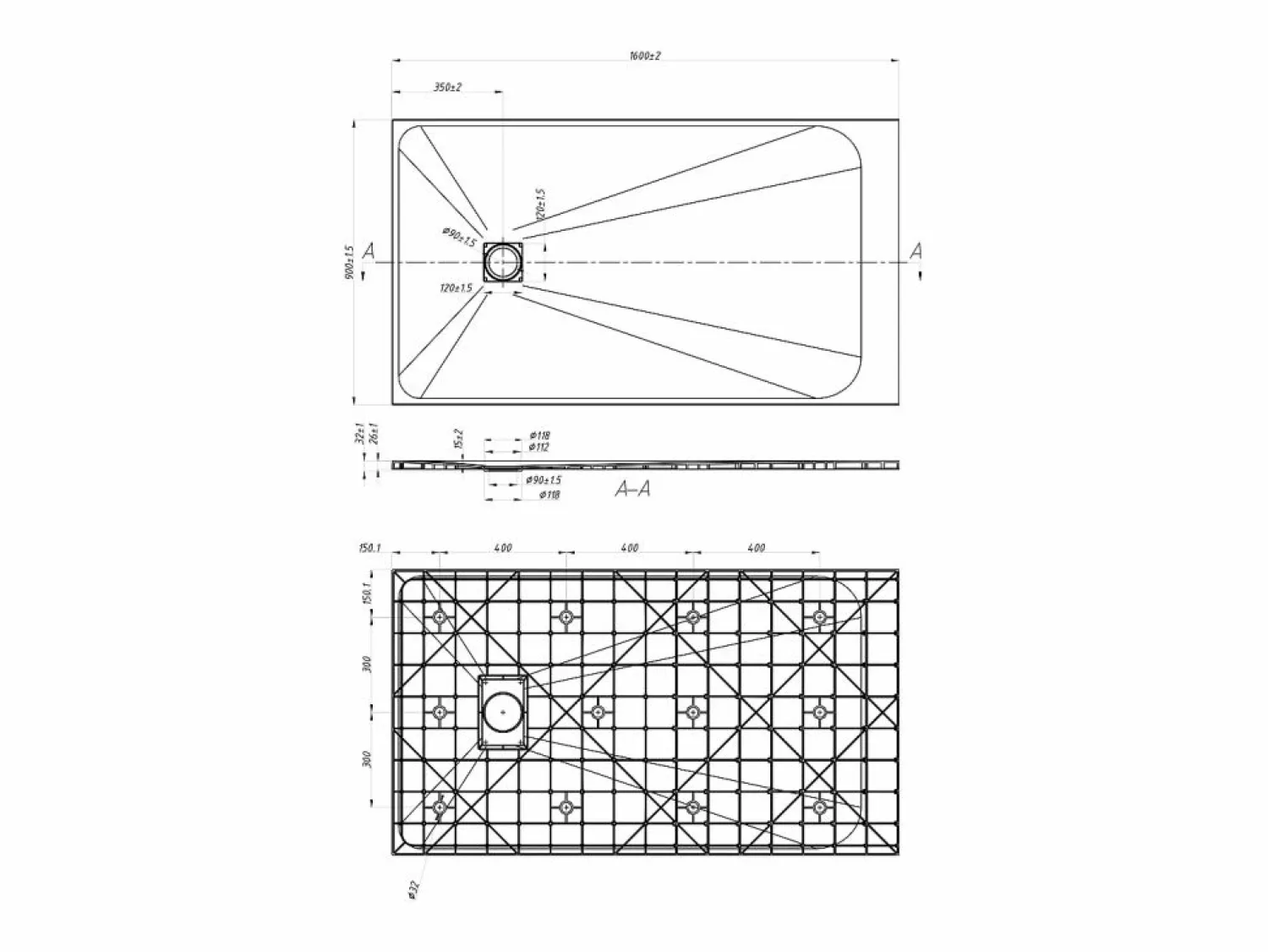 Plato de ducha de resina para colocar en superficie o encastrar, con sifón, , L160 x P90 cm, MIRNOSA Plato De Ducha
