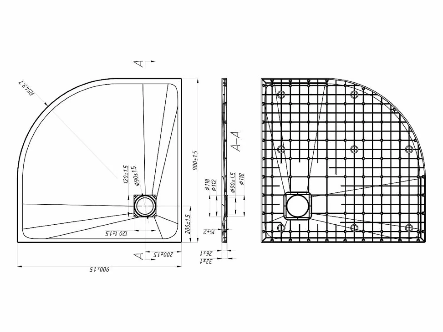 Shower & Design Plato de ducha tipo italiano en resina SMC en cuarto de círculo - - 90 x 90 cm - SYFORSA