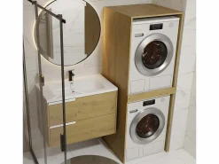 Outlet POLA TWIN - Armario de baño para lavadora y secadora con columna de estantes - Roble Mueble Para Lavadora