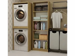 Outlet POLA TWIN - Armario de baño para lavadora y secadora con columna de estantes - Roble Mueble Para Lavadora