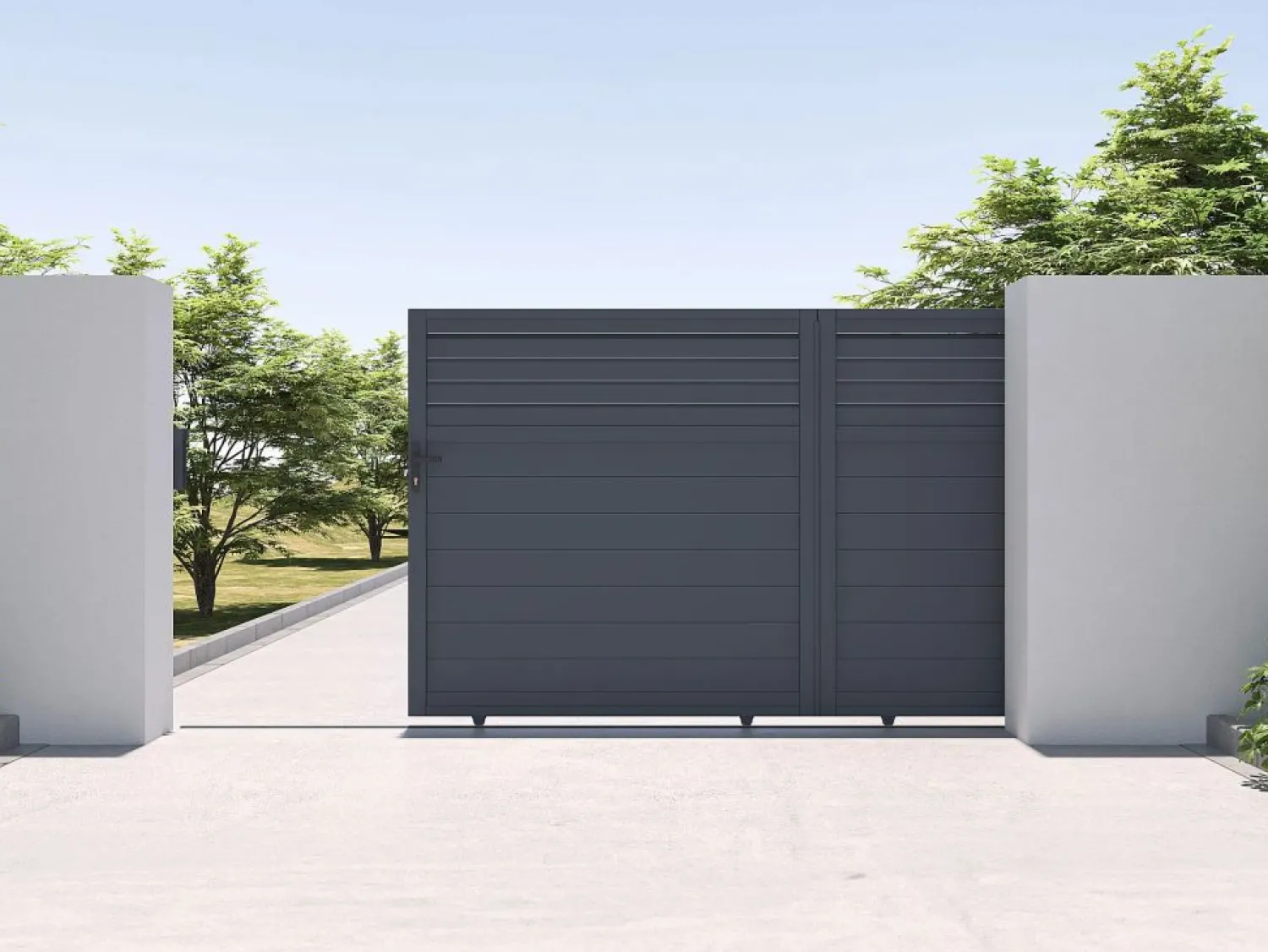 Clearance EXPERTLAND Portón corredizo de aluminio persianado L374 x H180 cm antracita - VIAZO Gris antracita