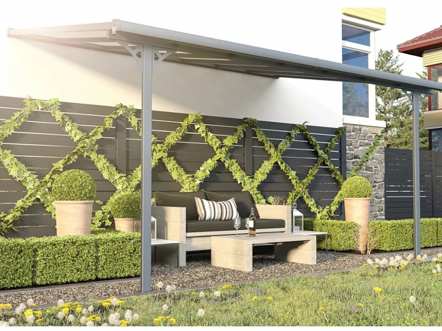 New Pérgola adosada aluminio 13,2 m² antracita ALVARO - Ancho 436 x Prof 305 x Alt 240/285 cm Pérgola